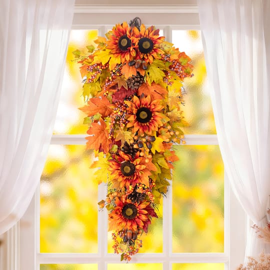 Glitzhome® 38" Oversized Fall Sunflower Teardrop Swag